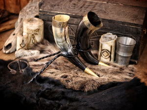 Drinking Horn with Brass Rim 30-35cm & Iron Stand