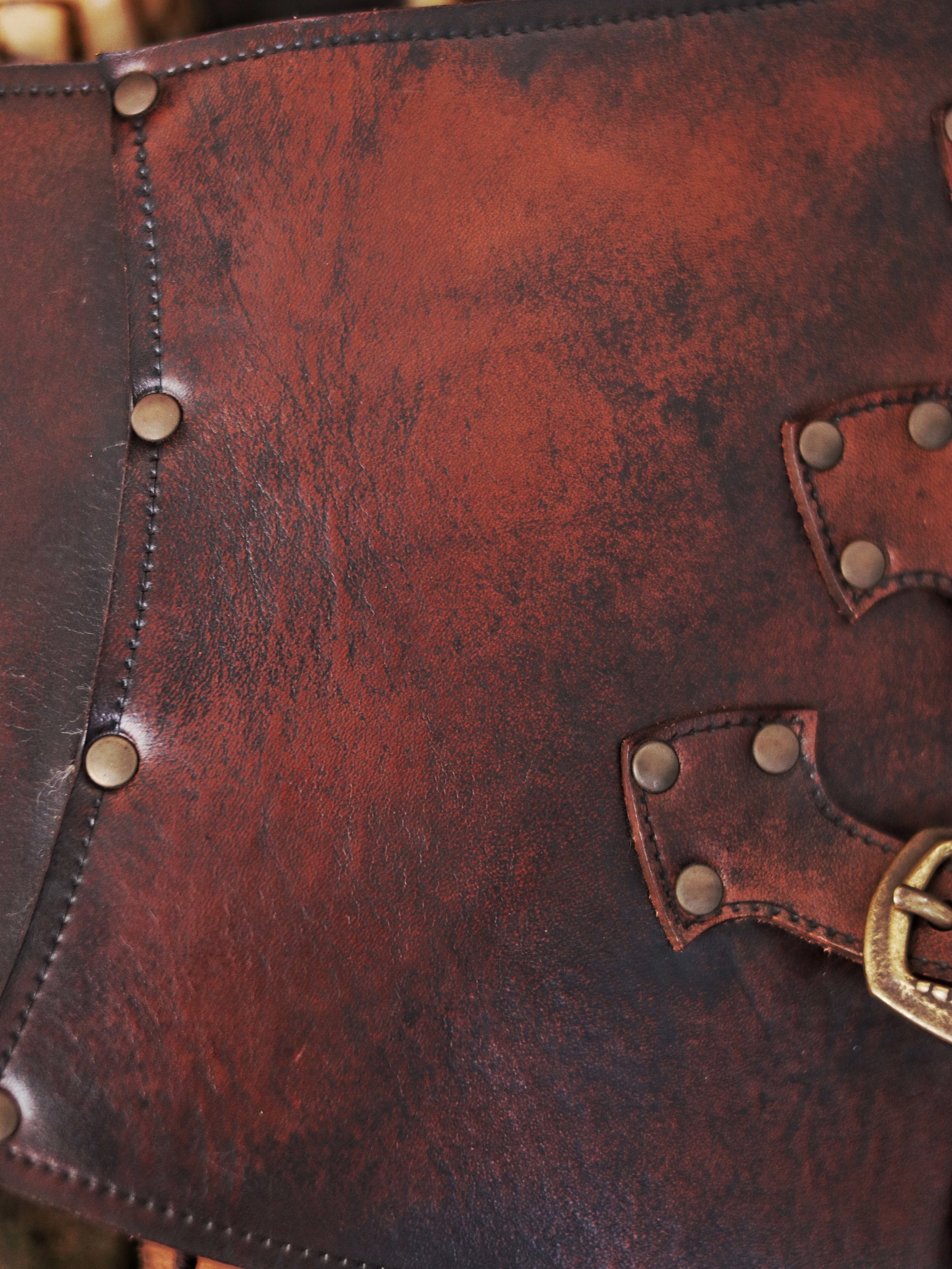 Close-up of a brown leather underbust with metal studs and a buckle. Leather Corset underbust - Steampunk larp burning man armor Witch. Brown Waist Cincher. Renfair underbust. Alchemist corset.