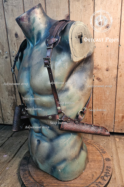 Ornated Magic Wand shoulder Holster full-grain leather with potions for wizards and witches. Dark Academy style. MACUSA Cosplay and LARP
