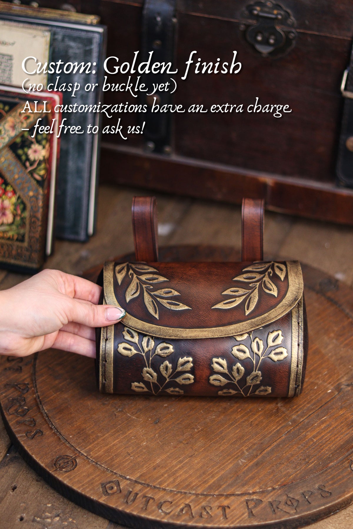 Floral Medieval Leather Hip Bag – Customization: Gold Details & Clasp
