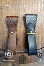 Two leather sheaths with Celtic knot designs on a wooden background, branded 'Outcast Props'. Medieval Leather Tankard Strap: Renaissance Faire Belt up to 6 cm or 2,4 inches. Accessory for Viking Cosplay, LARP, and Celtic Costumes