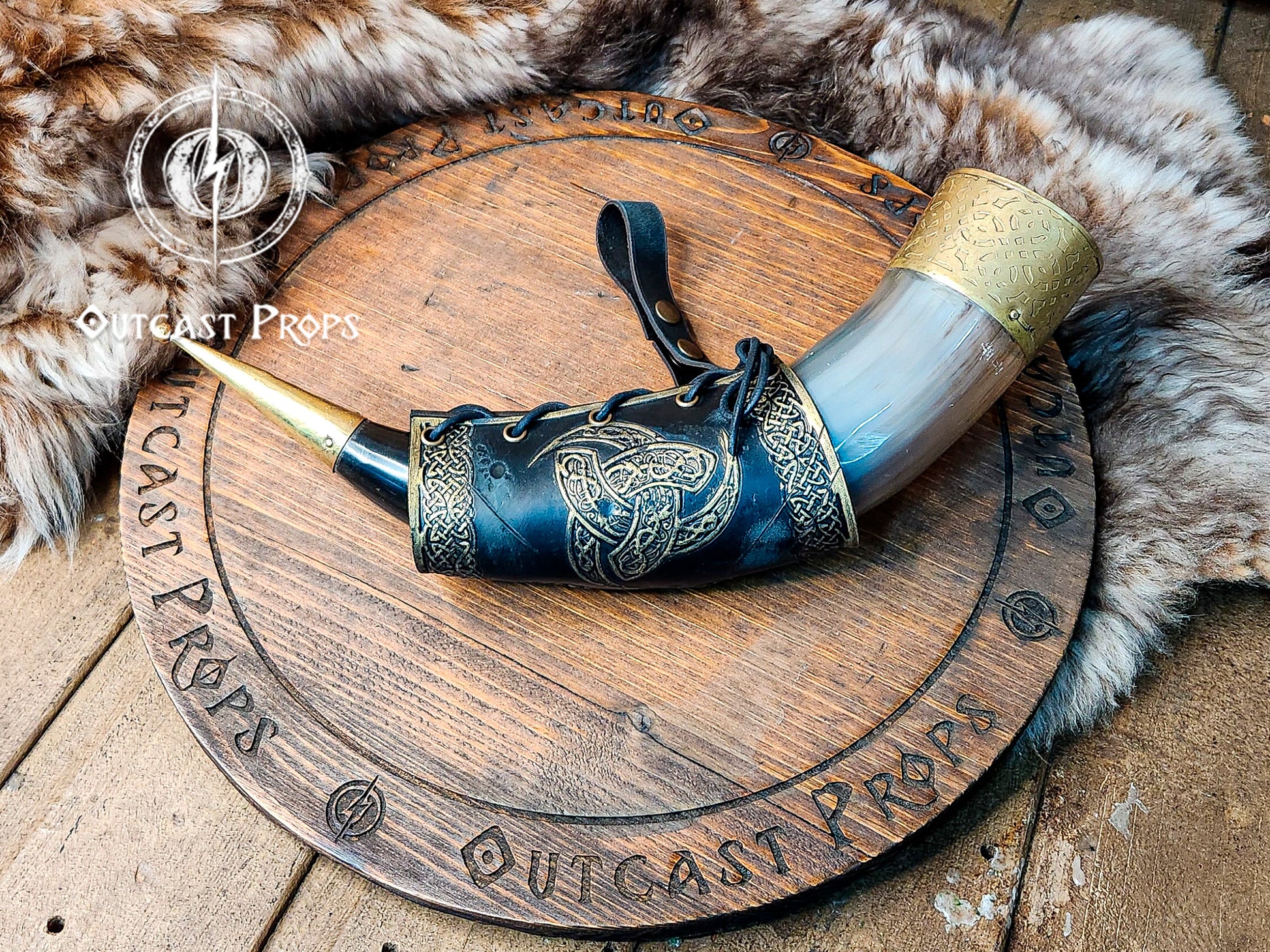 Odin Horns holder, viking horn holder made of leather belt horn holder