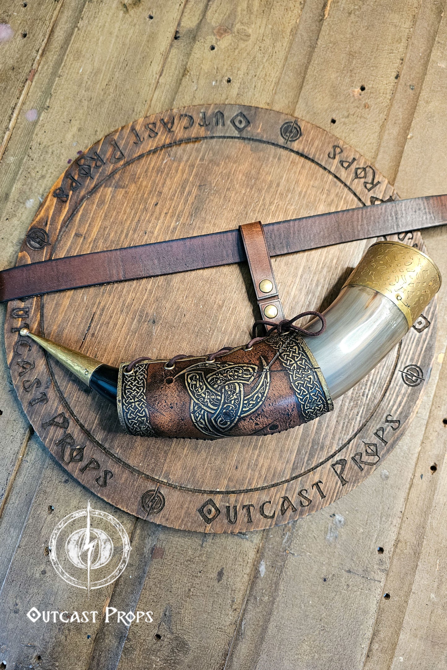 Odin Horns holder, viking horn holder made of leather belt horn holder