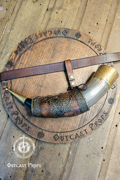 Odin Horns holder, viking horn holder made of leather belt horn holder