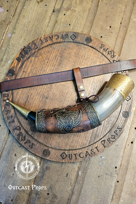 Odin Horns holder, viking horn holder made of leather belt horn holder