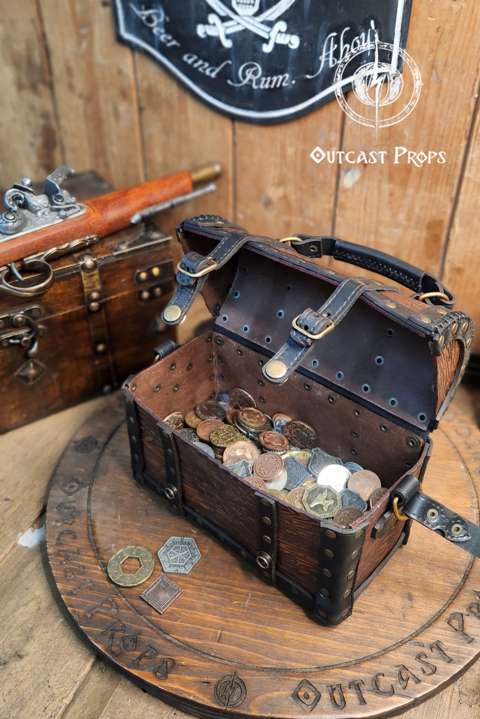 Open leather pirate chest with a lot of larp coins. Leather treasure chest pirate chest bag larp pirate backpack treasure chest purse pirate accessories cosplay renfaire pouch belt bag