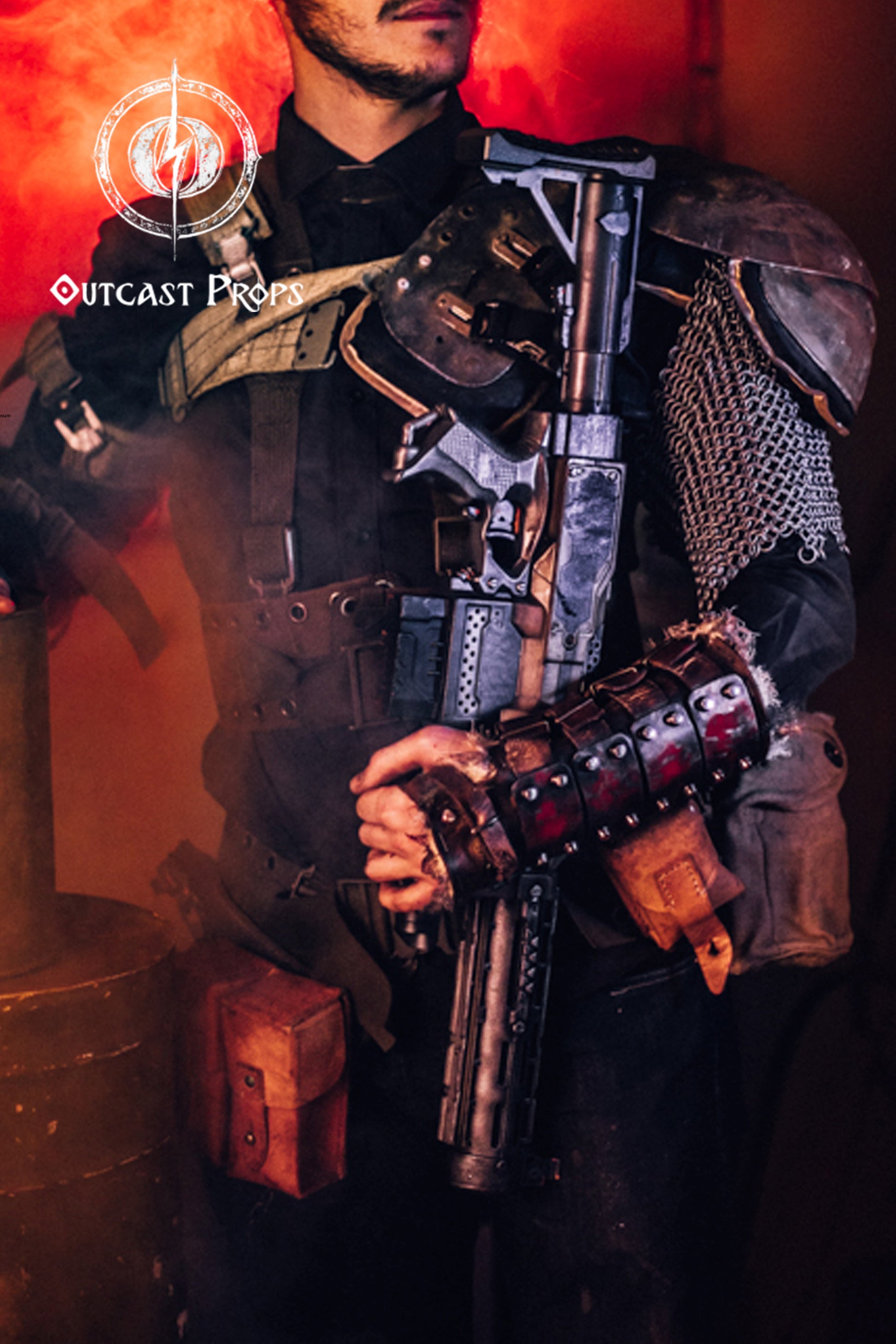 Dystopian LARP costume showing full gear with chainmail, shoulder armor, tactical vest, and a distressed red leather bracer. The character holds a rifle, ready for combat. Ideal for Mad Max cosplay, LARP scavenger characters, or Ren Faire mercenaries with a post-apocalyptic twist. The bracer adds texture and realism with its riveted steel and aged leather finish. Dystopian Leather & Steel Bracer: Post-Apocalyptic Arm Guard for Wasteland Cosplay and LARP
