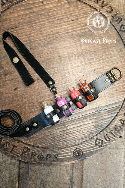 Potion Garter Holster made of natural leather with bottles. Larp. Steampunk. Witch. Alchemy. Occult. Medieval. Cosplay. Many colors. Unisex.