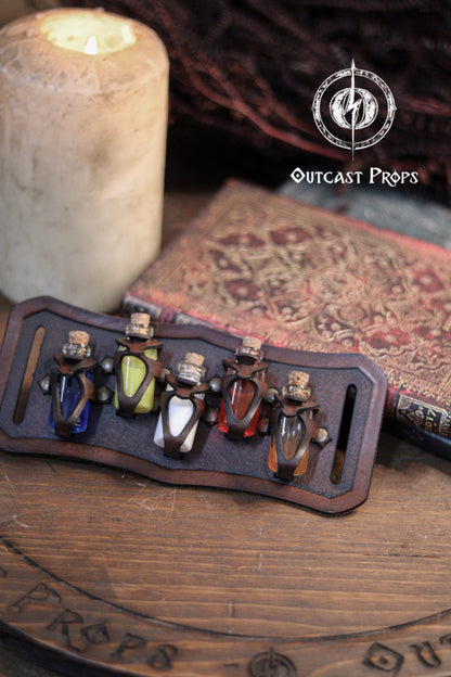 Set of small bottles with colored liquids on a wooden stand, Belt Potion holder for 5 small bottles. Made of leather for adventurers, steampunk, alchemist, healers, cosplay or just to keep spices
