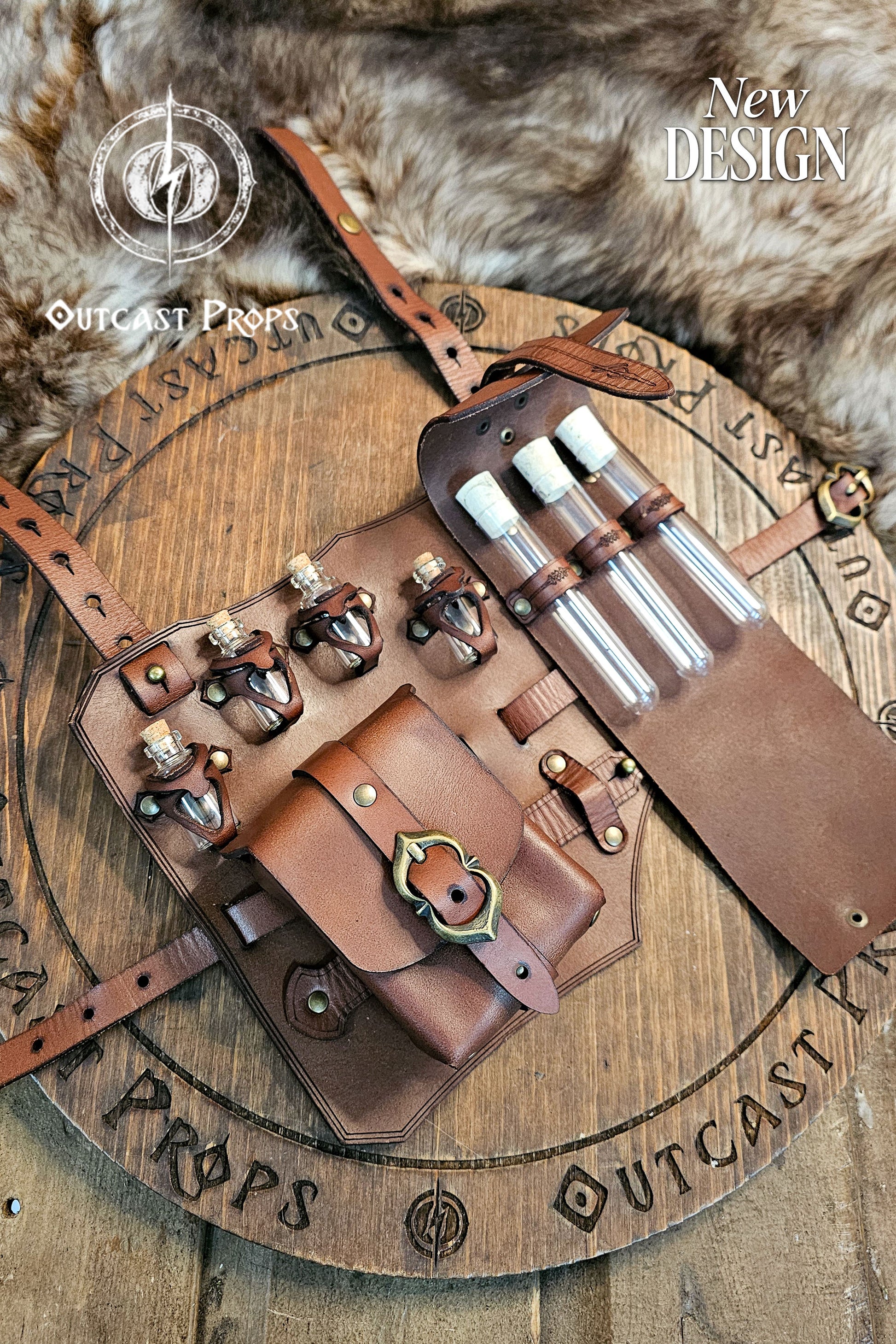 Brown leather leg holster open to reveal three glass potion vials with cork stoppers, two pouches, and adjustable straps. Set on a wooden Outcast Props base with fur accent. Handmade from full-grain vegetable-tanned leather, featuring brass buckles and reinforced rivets. Perfect for rogues, alchemists, and adventurers in LARP, cosplay, and renaissance fairs who value durability, practicality, and authentic medieval style.