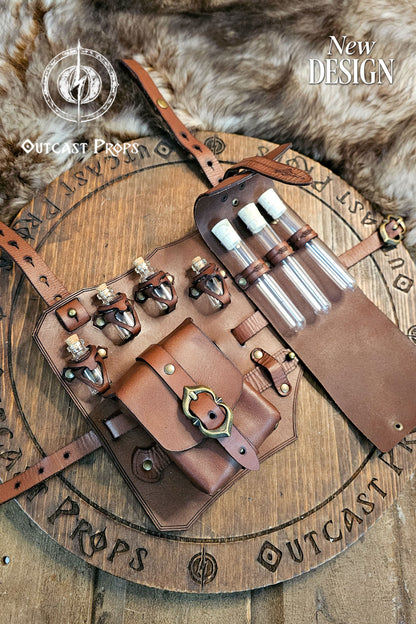 Brown leather leg holster open to reveal three glass potion vials with cork stoppers, two pouches, and adjustable straps. Set on a wooden Outcast Props base with fur accent. Handmade from full-grain vegetable-tanned leather, featuring brass buckles and reinforced rivets. Perfect for rogues, alchemists, and adventurers in LARP, cosplay, and renaissance fairs who value durability, practicality, and authentic medieval style.