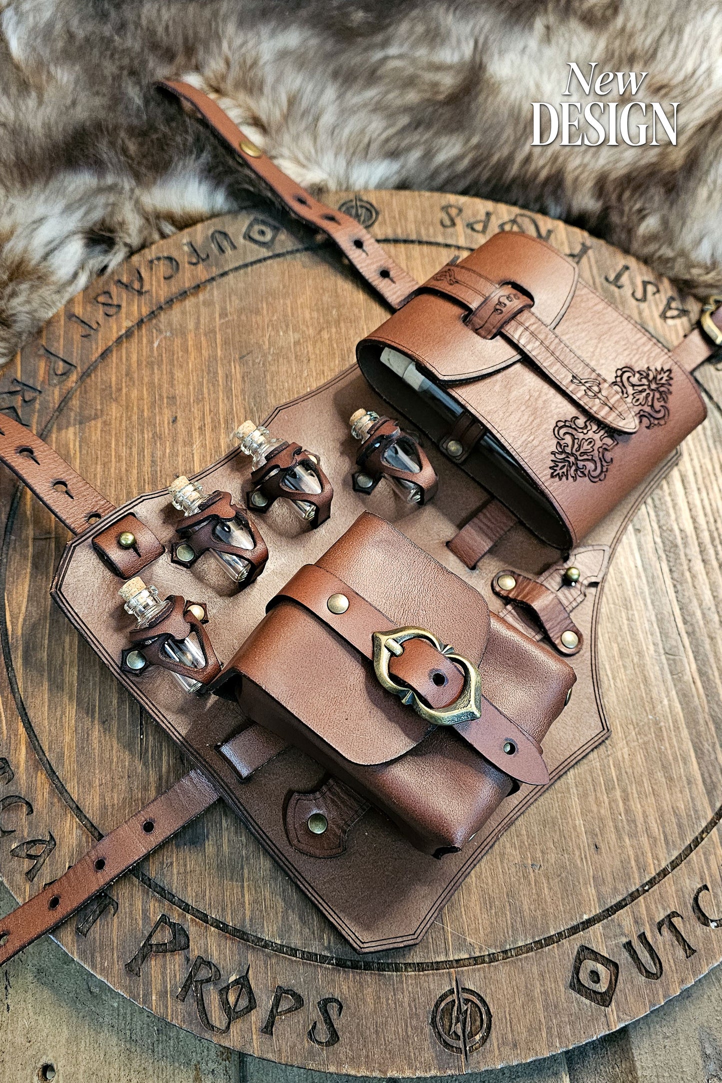 Top view of the brown leather leg holster placed on a wooden Outcast Props board with fur background. Features two pouches, four potion vials in handmade leather holders, brass buckles, and embossed floral details. Crafted from full-grain vegetable-tanned leather, this fantasy accessory for LARP, cosplay, and renaissance fairs blends artisan craftsmanship, adjustability, and authentic medieval adventure design.