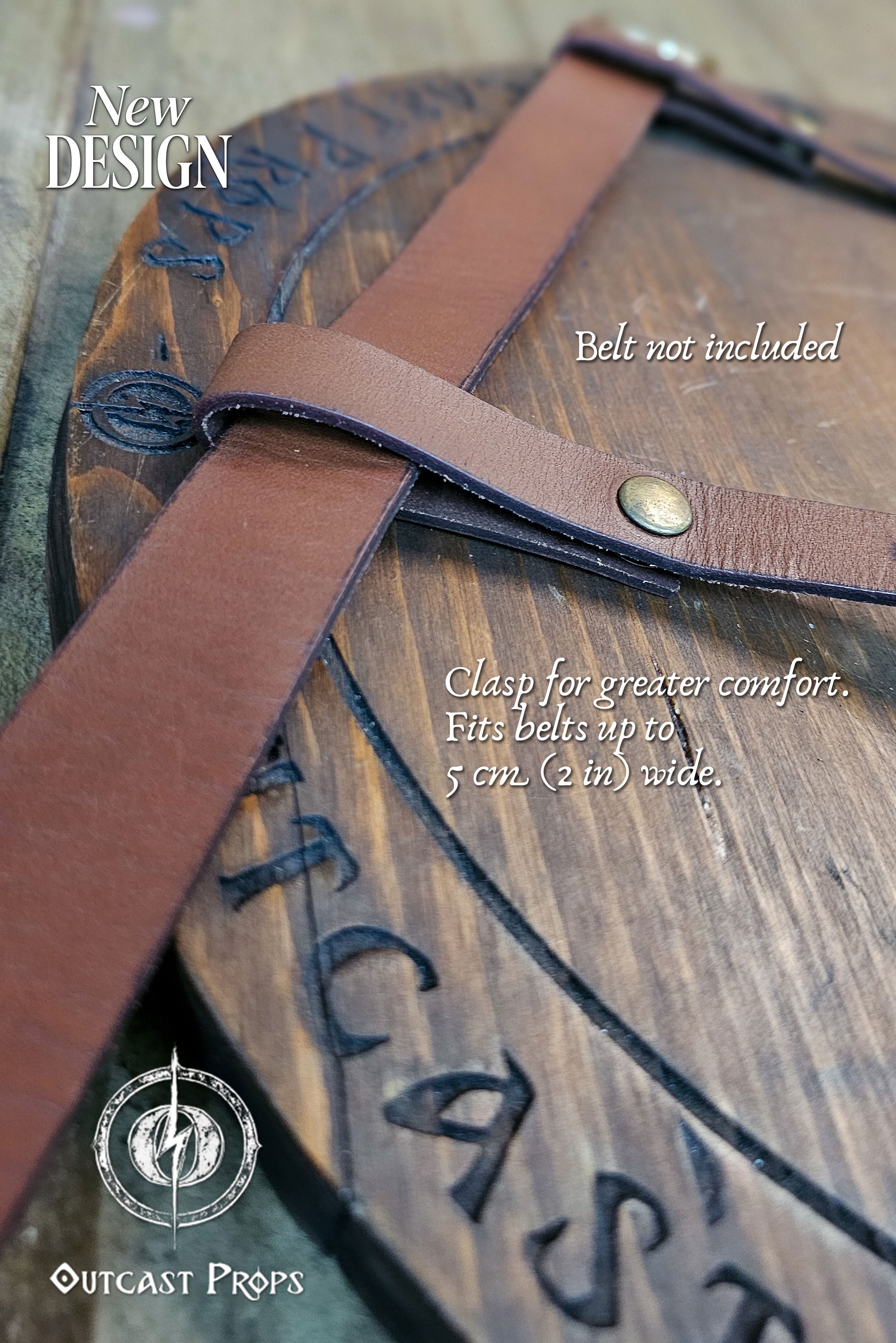 Close-up of brown leather clasp system showing the belt loop design for comfort. Fits belts up to 5 cm (2 in) wide. Features reinforced stitching, brass rivets, and smooth burnished edges over a wooden Outcast Props base. Handmade from vegetable-tanned leather with natural finish. Perfect for LARP, cosplay, or renaissance fairs, this fantasy holster accessory adds realistic medieval craftsmanship and adjustable practicality.