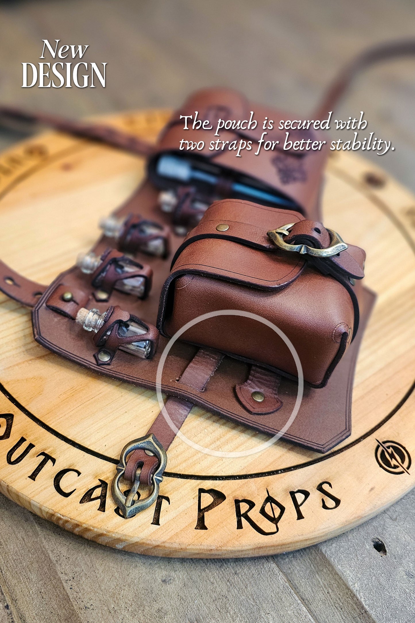Close-up of the brown leather leg holster showing the pouch secured with two straps for extra stability. Brass buckle and rivets provide strength and decoration. Three glass potion vials sit in handmade holders. Crafted by Outcast Props from premium vegetable-tanned leather, this fantasy accessory suits rogues, alchemists, and adventurers in LARP, cosplay, or renaissance fairs, blending medieval detail with practical design.