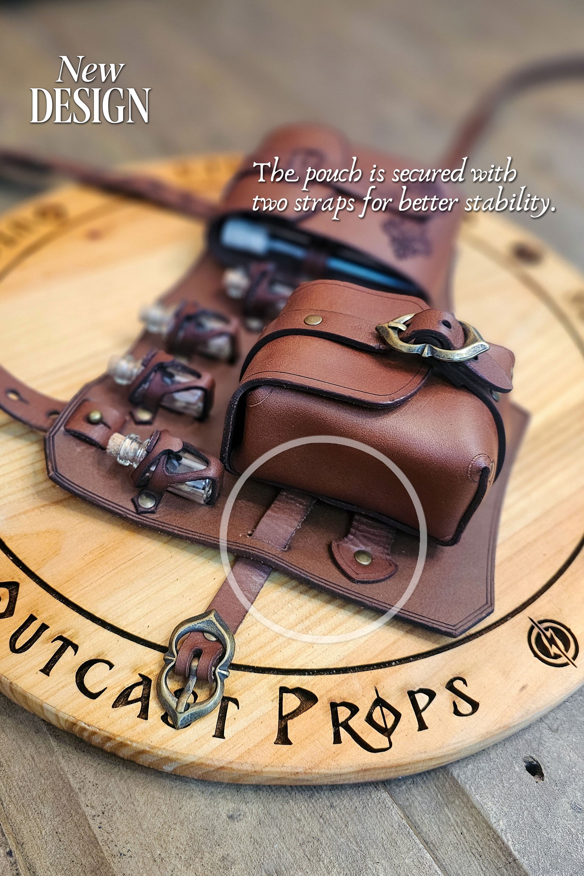 Close-up of the brown leather leg holster showing the pouch secured with two straps for extra stability. Brass buckle and rivets provide strength and decoration. Three glass potion vials sit in handmade holders. Crafted by Outcast Props from premium vegetable-tanned leather, this fantasy accessory suits rogues, alchemists, and adventurers in LARP, cosplay, or renaissance fairs, blending medieval detail with practical design.