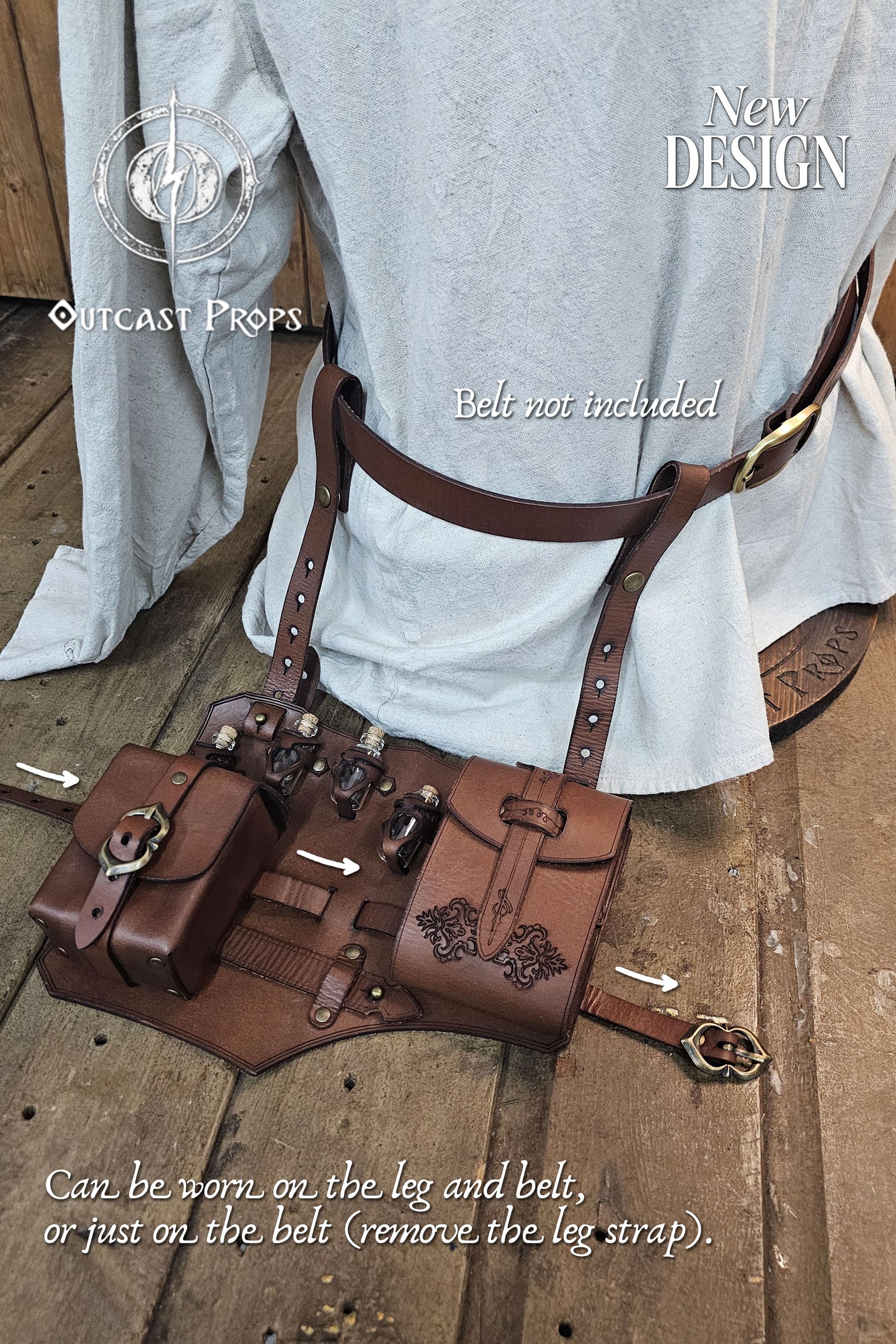 Brown leather leg holster displayed on a mannequin with tunic, showing adjustable straps for belt and leg. Features two pouches, potion vial holders, and engraved details. Can be worn on the leg or belt by removing the lower strap. Handcrafted from vegetable-tanned leather by Outcast Props, this fantasy accessory is perfect for LARP, cosplay, and renaissance fairs, offering adjustability and authentic medieval design.