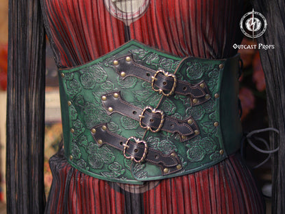 Elegant Floral Roses Underbust Leather Pirate Corset - Handcrafted Rose Design for Larp, Reinassande Faire & Gothic Cosplay Fae Costume