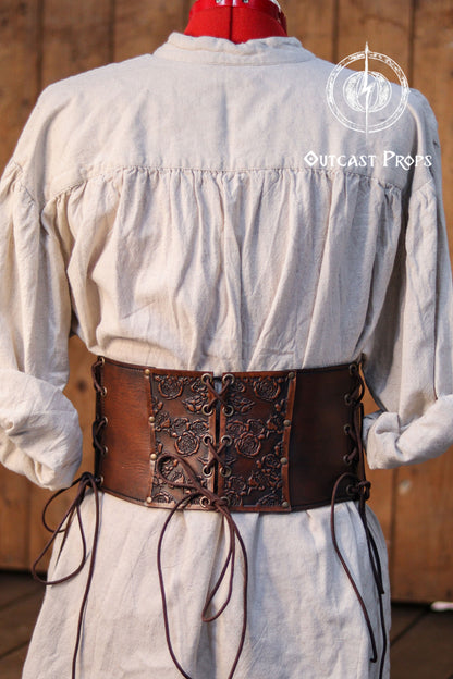 Elegant Floral Underbust Leather Corset - Handcrafted Rose Design for Larp, Reinassande Faire & Cosplay