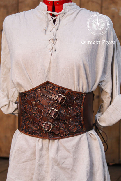 Elegant Floral Underbust Leather Corset - Handcrafted Rose Design for Larp, Reinassande Faire & Cosplay