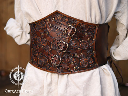 Elegant Floral Underbust Leather Corset - Handcrafted Rose Design for Larp, Reinassande Faire & Cosplay