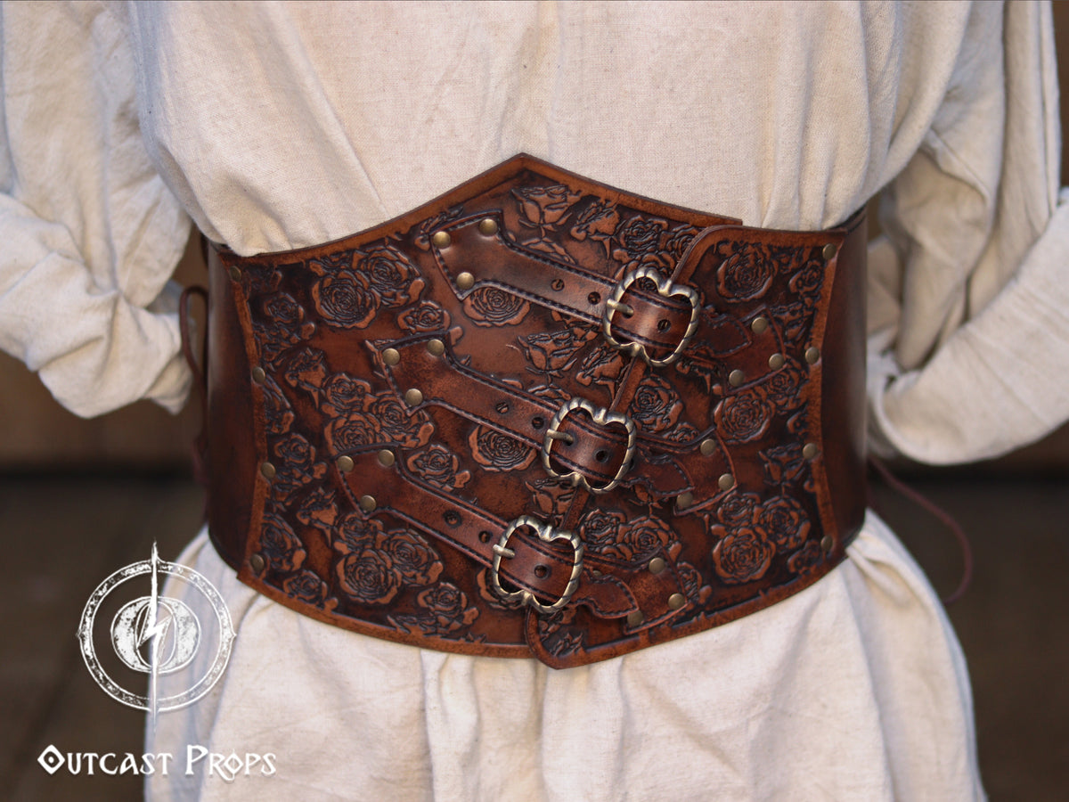 Elegant Floral Underbust Leather Corset - Handcrafted Rose Design for Larp, Reinassande Faire & Cosplay