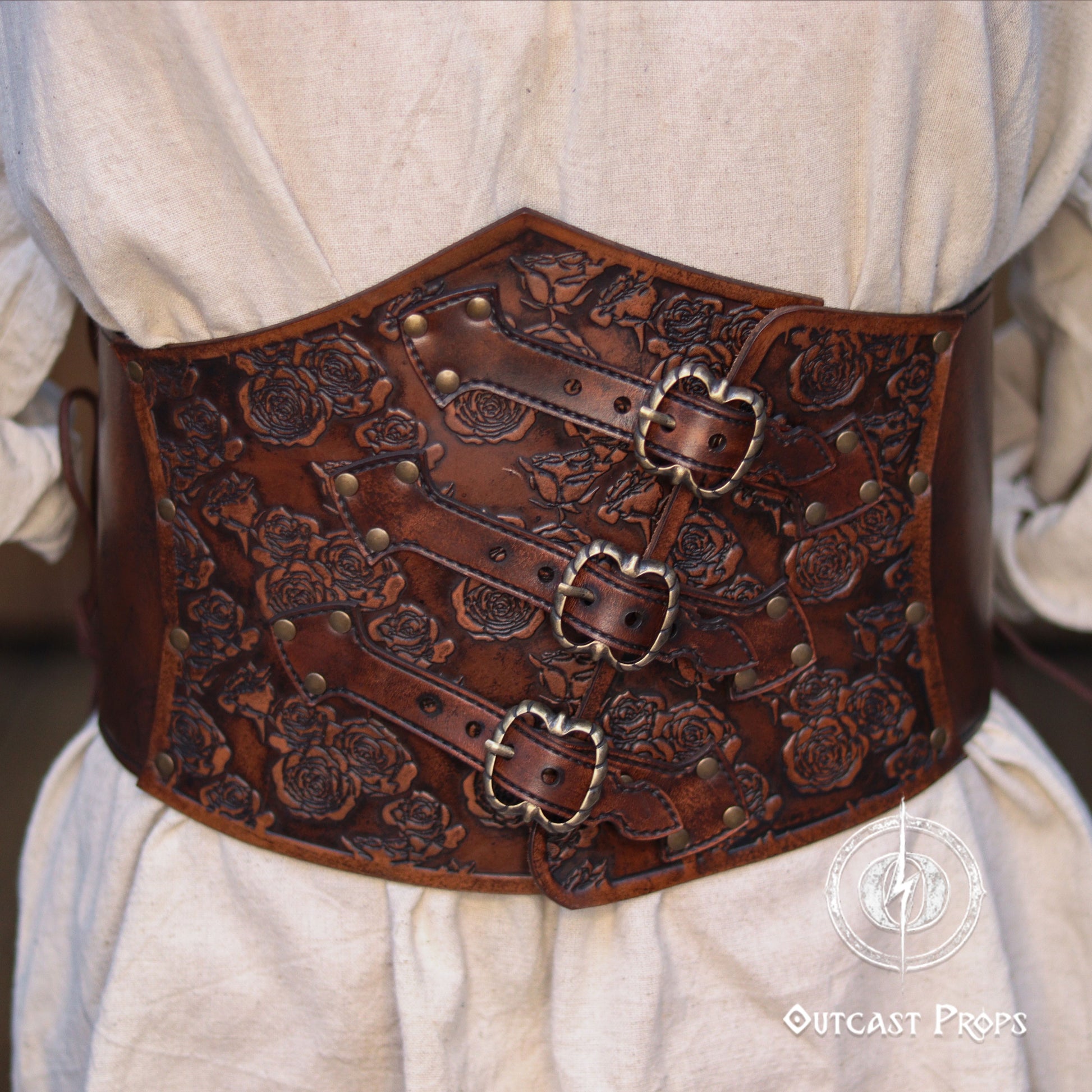 Elegant Floral Underbust Leather Corset - Handcrafted Rose Design for Larp, Reinassande Faire & Cosplay