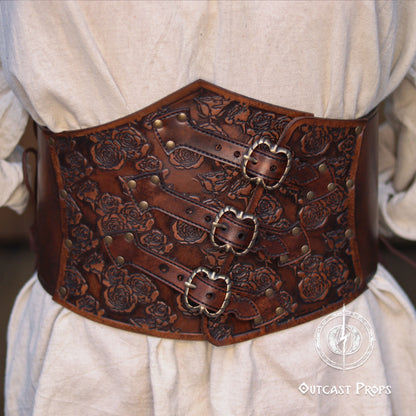 Elegant Floral Underbust Leather Corset - Handcrafted Rose Design for Larp, Reinassande Faire & Cosplay