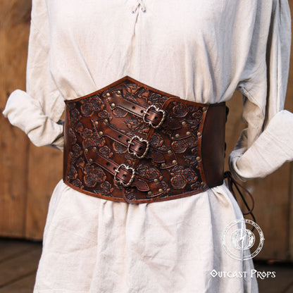 Elegant Floral Underbust Leather Corset - Handcrafted Rose Design for Larp, Reinassande Faire & Cosplay