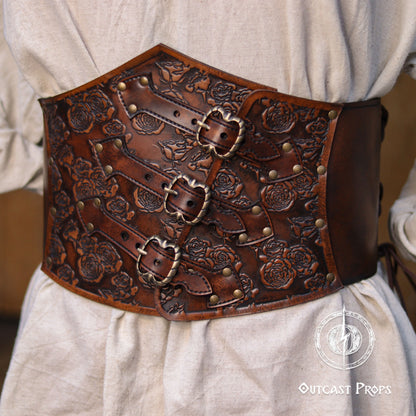 Elegant Floral Underbust Leather Corset - Handcrafted Rose Design for Larp, Reinassande Faire & Cosplay