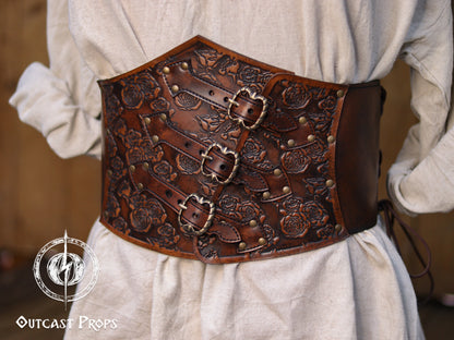 Elegant Floral Underbust Leather Corset - Handcrafted Rose Design for Larp, Reinassande Faire & Cosplay