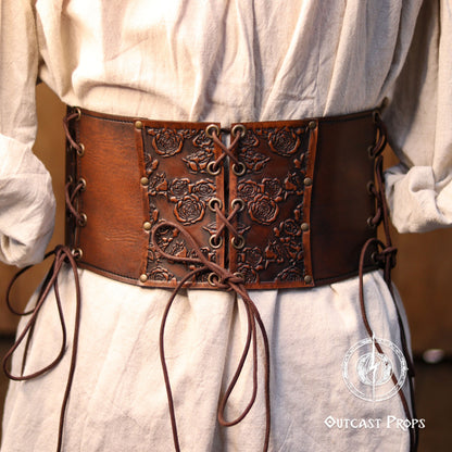 Elegant Floral Underbust Leather Corset - Handcrafted Rose Design for Larp, Reinassande Faire & Cosplay