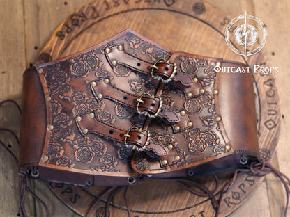 Elegant Floral Underbust Leather Corset - Handcrafted Rose Design for Larp, Reinassande Faire & Cosplay