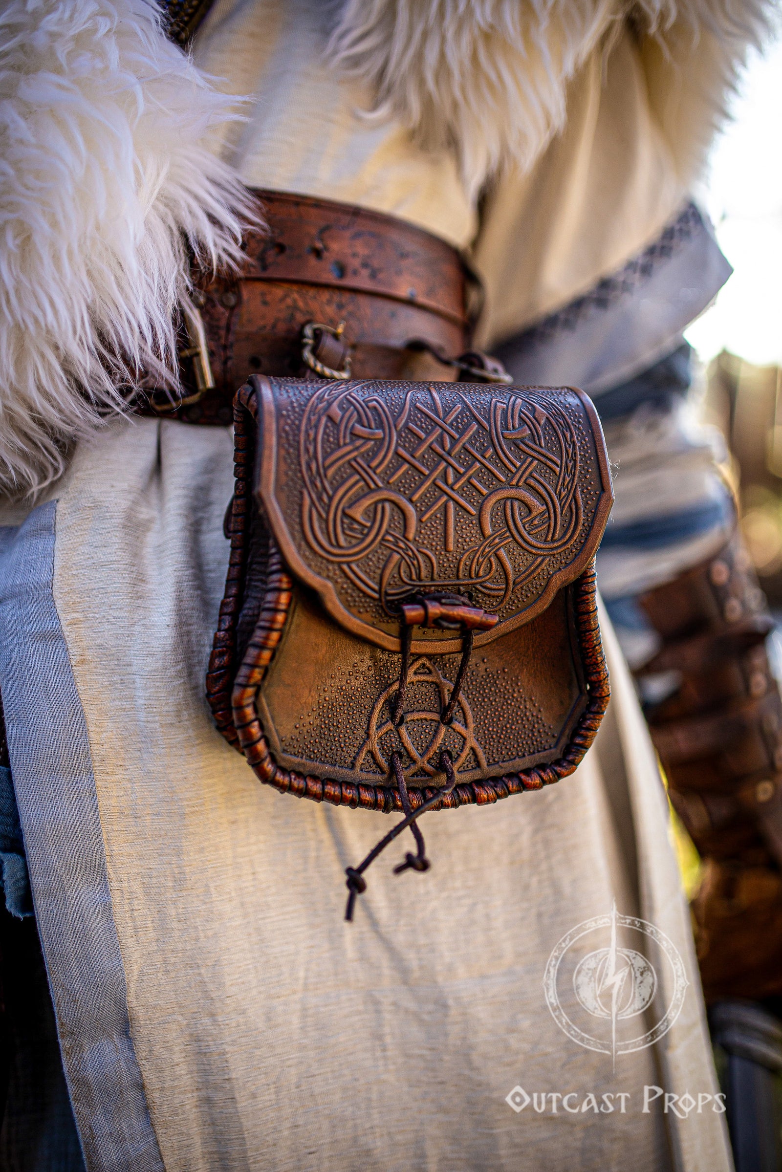 Viking Leather Belt Pouch: Embossed Dragon Knot Medieval Bag for LARP, Cosplay, Ren Faire & Reenactment