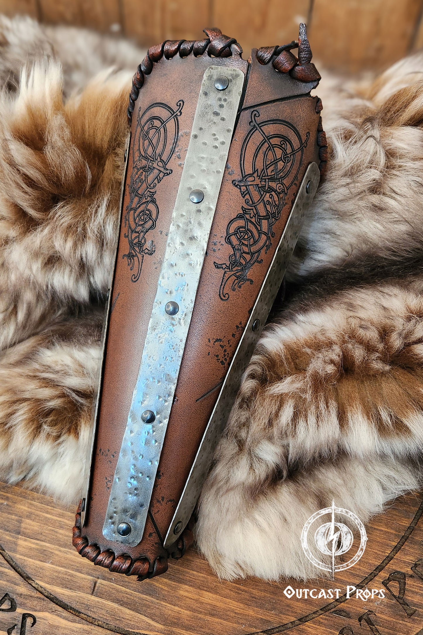 Viking Huscarl Bracer for larp in leather, metal and fur