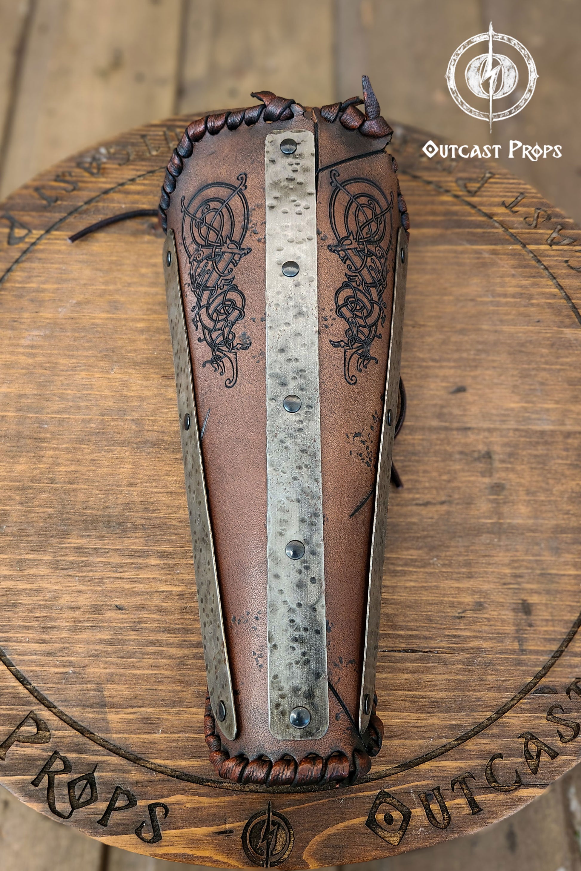 Viking Huscarl Bracer for larp in leather, metal and fur