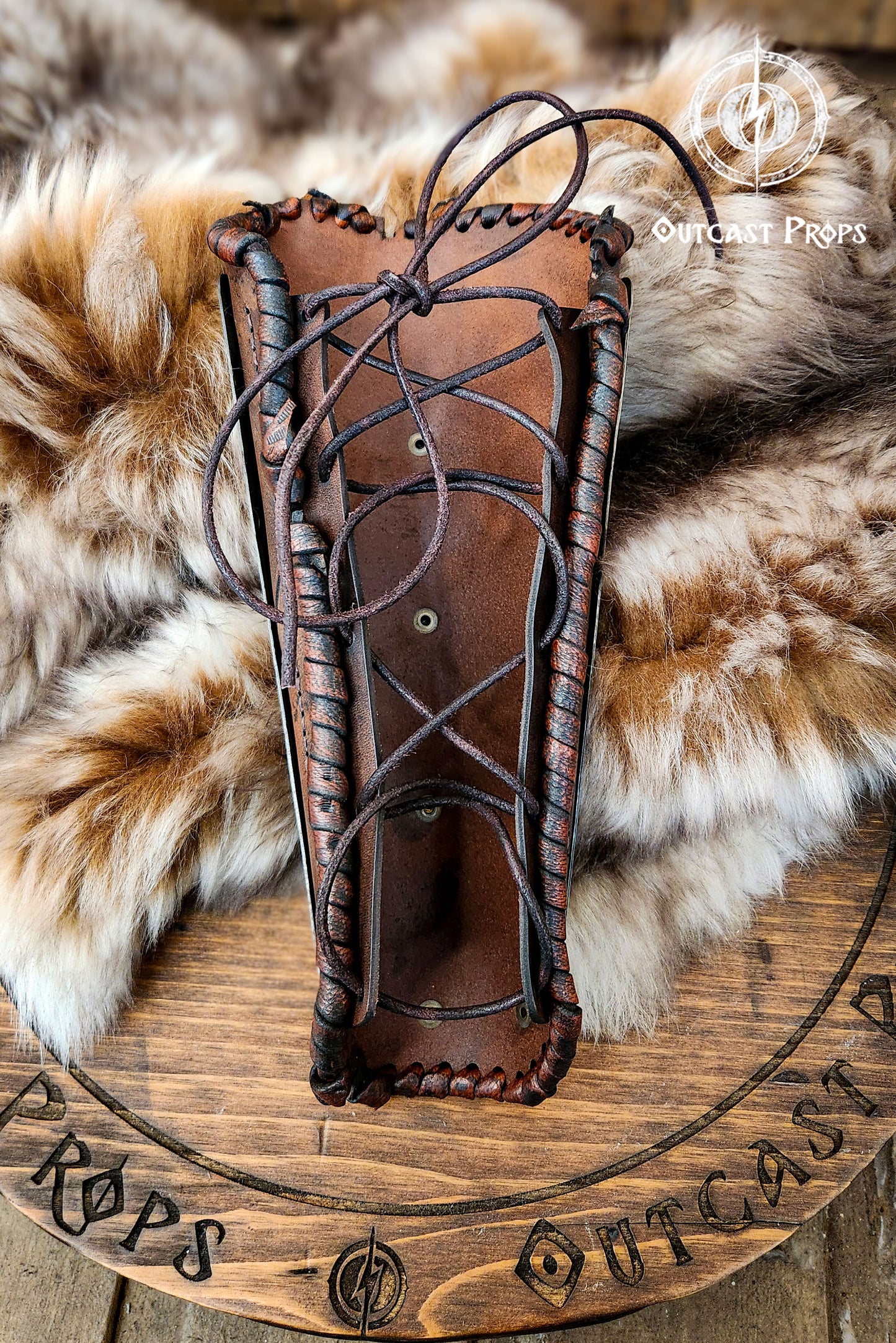 Viking Huscarl Bracer for larp in leather, metal and fur