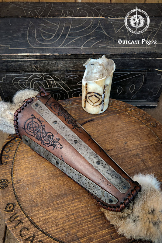 Viking Huscarl Bracer for larp in leather, metal and fur