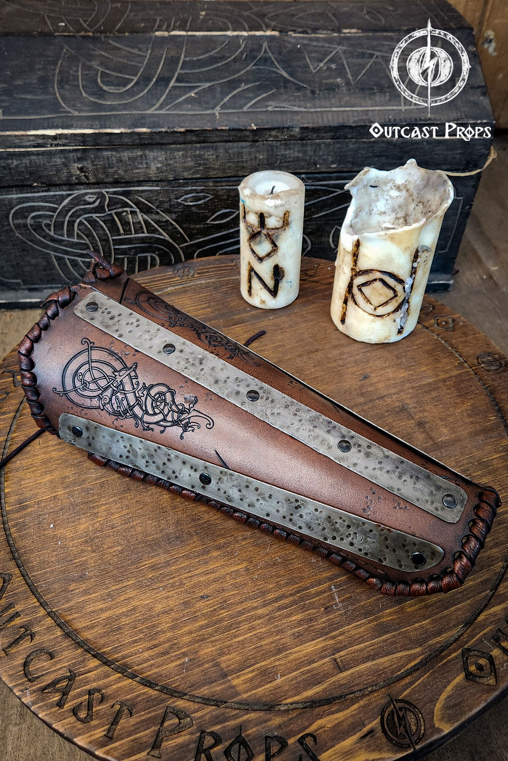 Viking Huscarl Bracer for larp in leather, metal and fur