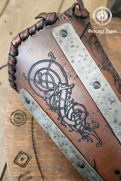 Viking Huscarl Bracer for larp in leather, metal and fur