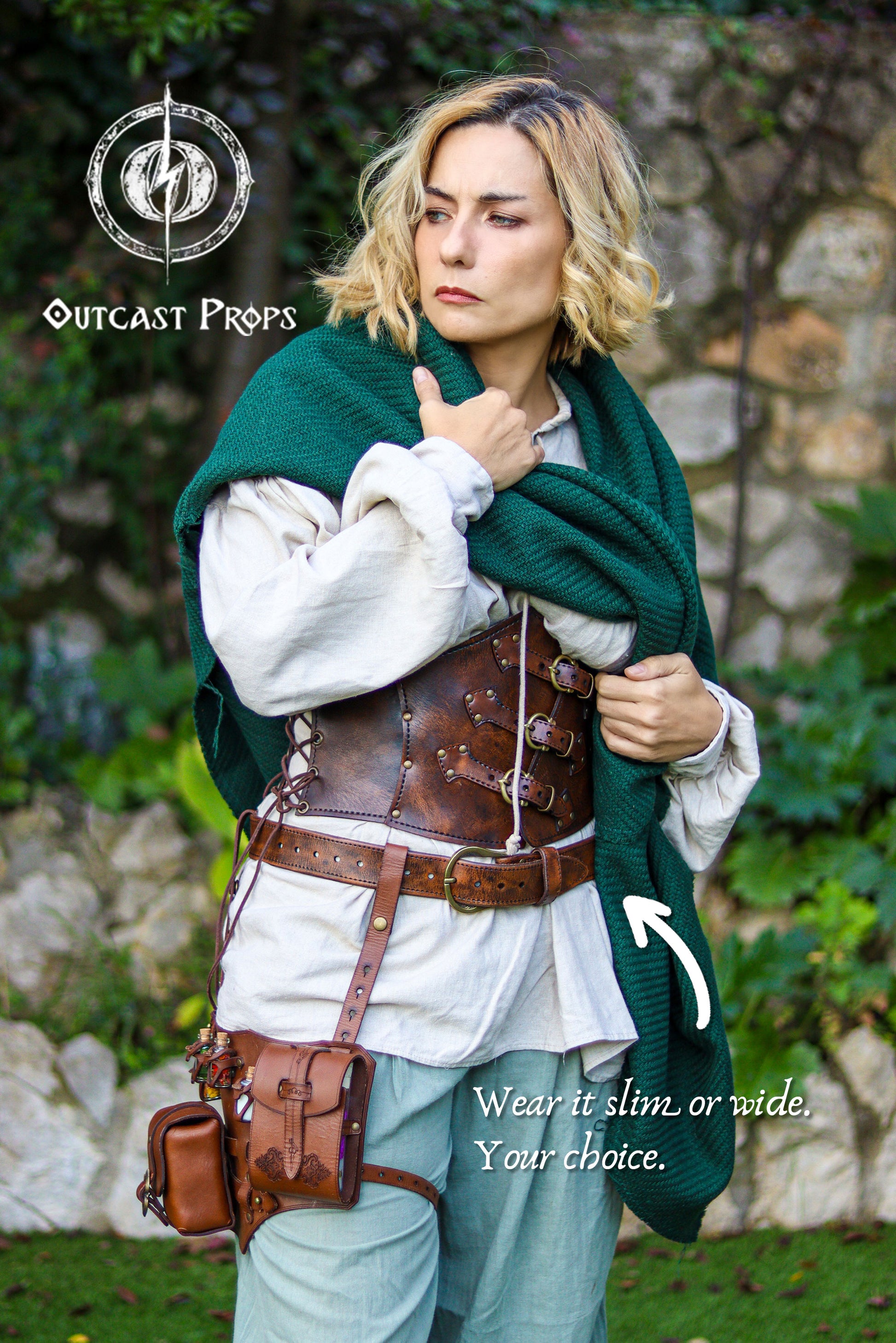 Handcrafted Leather Wanderer Belt for LARP, Renaissance Fairs, Medieval Cosplay, Fantasy Costumes & Daily Wear Two belts in one. Person wearing a medieval-style outfit with a green cloak and leather belt, standing outdoors.