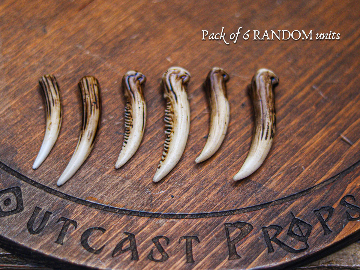 Six resin fang tusks arranged across a wooden board marked with the Outcast Props logo, highlighting their aged bone finish, curved shapes and carved textures. Perfect for cosplay prop building, diy fantasy crafting, tribal accessories, shaman or druid costumes, creature design, mask decoration and handmade props. Sold in random packs of six, each tusk between 6 and 7 cm long and hand painted.