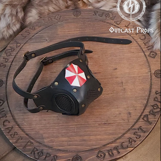 Leather Face Mask Resident Evil with filter pocket ready for use with disposable face masks, Umbrella Corporation logo engraved