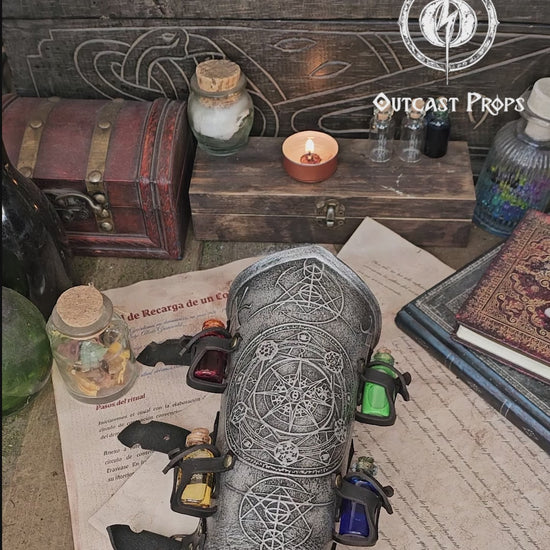 A leather bracer with metal rivets and straps, featuring intricate alchemical circles and small glass vials for storing liquids. Alchemist leather bracer with transmutation circle larp armor Wizards sorcerers and masters of the occult and the arcane