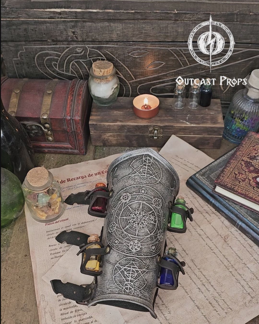 A leather bracer with metal rivets and straps, featuring intricate alchemical circles and small glass vials for storing liquids. Alchemist leather bracer with transmutation circle larp armor Wizards sorcerers and masters of the occult and the arcane