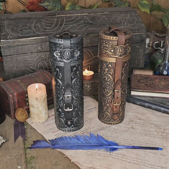 Ornated Leather Scroll Case: Exquisite document tube for cosplay and LARP, Messengers, Magicians, steampunk, reanaissance, fantasy costumes.