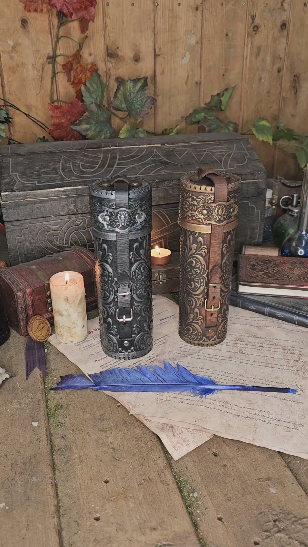 Ornated Leather Scroll Case: Exquisite document tube for cosplay and LARP, Messengers, Magicians, steampunk, reanaissance, fantasy costumes.