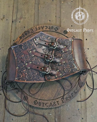 Elegant Floral Underbust Leather Corset - Handcrafted Rose Design for Larp, Reinassande Faire & Cosplay