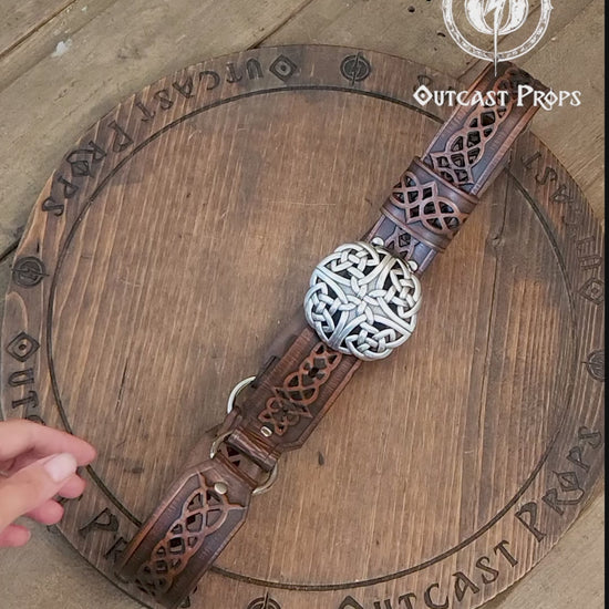 Handcrafted Celtic Knot Leather Belt with Silver Buckle for LARP, Renaissance Fairs & Fantasy Costumes