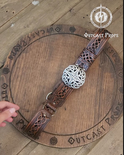 Handcrafted Celtic Knot Leather Belt with Silver Buckle for LARP, Renaissance Fairs & Fantasy Costumes