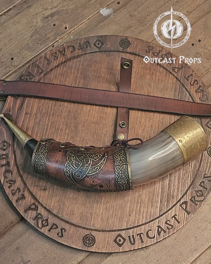 Odin Horns holder, viking horn holder made of leather belt horn holder